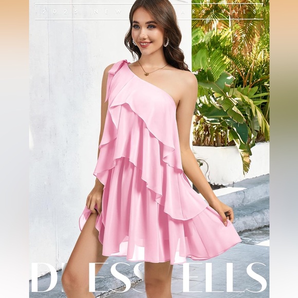 Asymmetrical One-Shoulder Pink Ruffle Dress - Picture 2 of 11